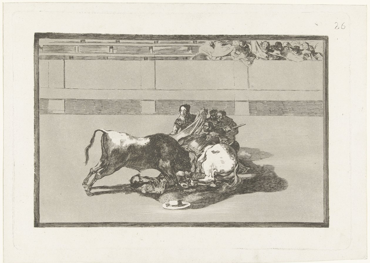 Un picador est jeté de son cheval et se trouve sous le taureau - Francisco de Goya