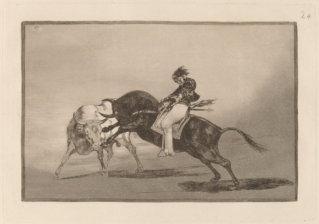 El mismo Ceballos montado sobre otro toro quiebra rejones en la plaza de Madrid - Francisco de Goya