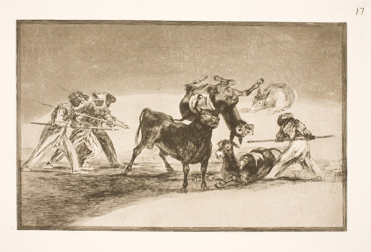 Les Maures utilisent des ânes comme barrière pour se défendre contre le taureau, dont les cornes ont été munies de boules - Francisco de Goya