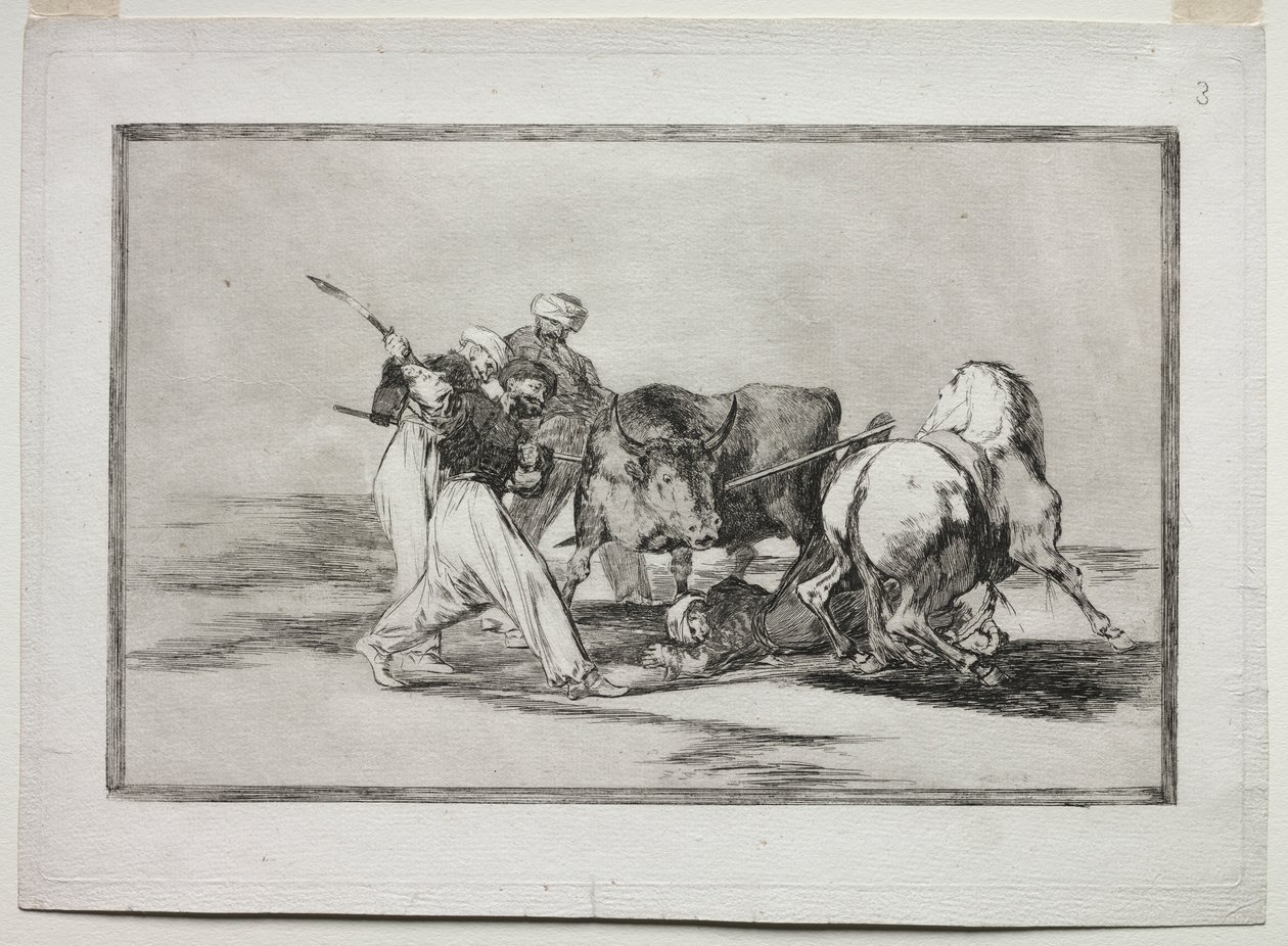 Les Maures installés en Espagne, abandonnant les superstitions du Coran, adoptèrent cet art de la chasse et lancèrent une lance sur un taureau en plein air - Francisco de Goya