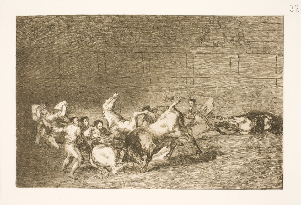 Deux picadors renversés un par un par un seul taureau - Francisco de Goya