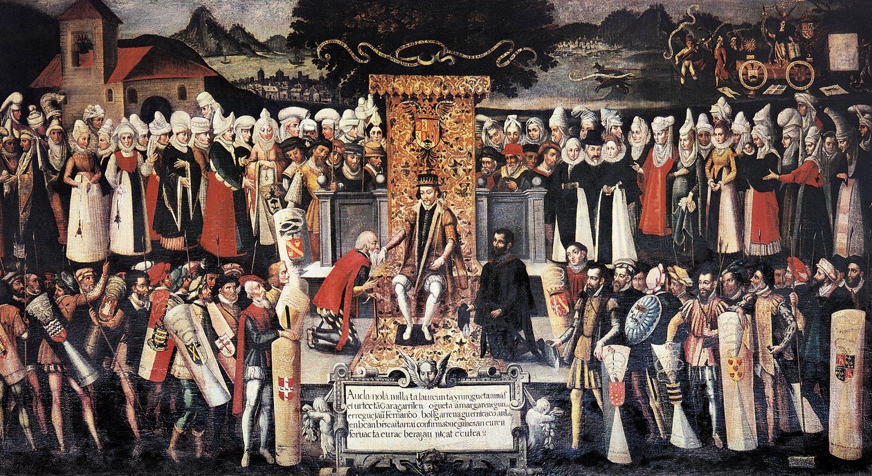 Cérémonie du baisemain suivant la déclaration des privilèges par le roi Ferdinand le Catholique (1452-1516). Peinture de Francisco de Mendieta Y Retes (16e siècle). Espagne, Guernica. Maison des Juntas. - Francisco de Mendieta y Retes