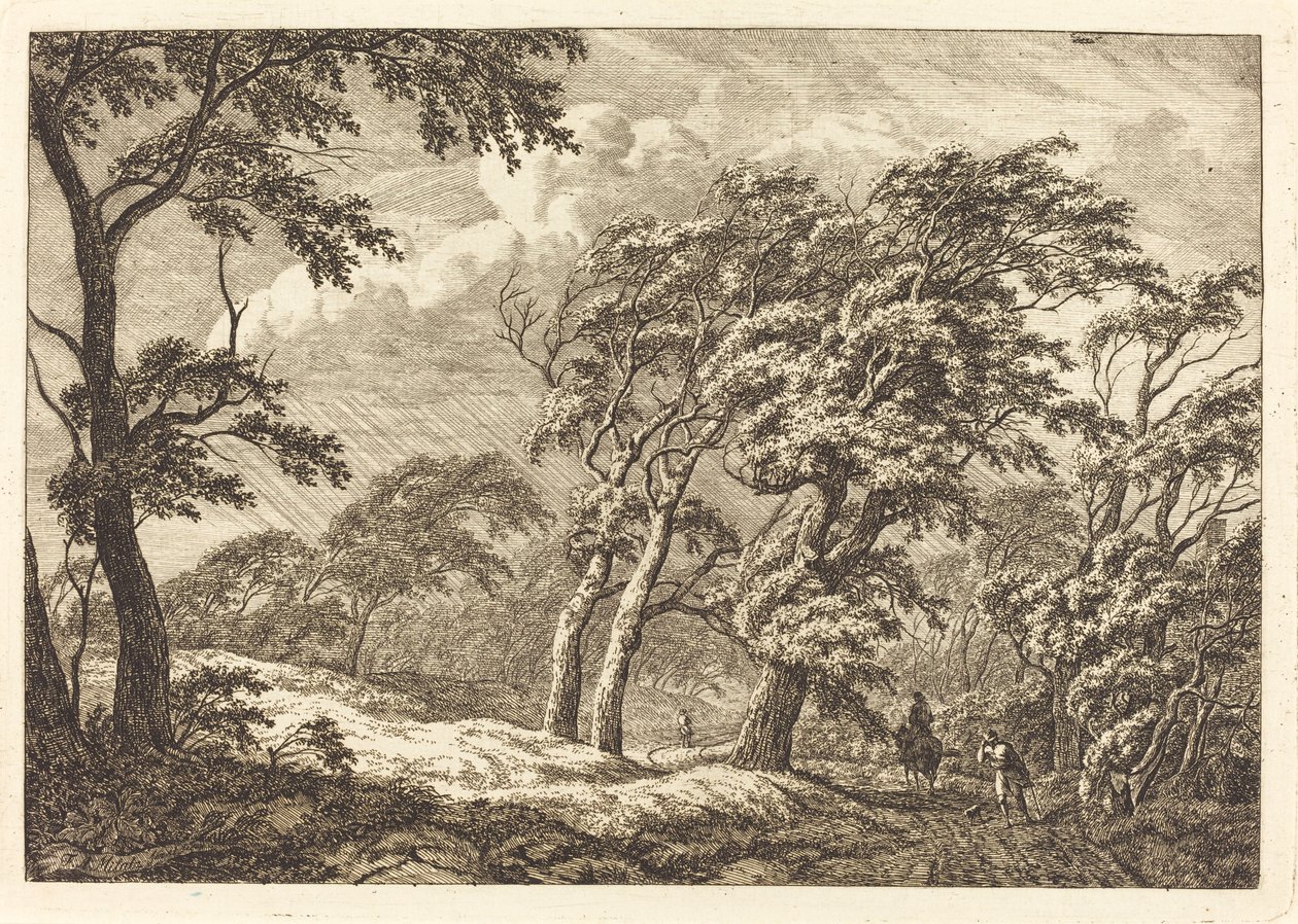Voyageurs sur une route forestière par temps de tempête - Franciscus A. Milatz