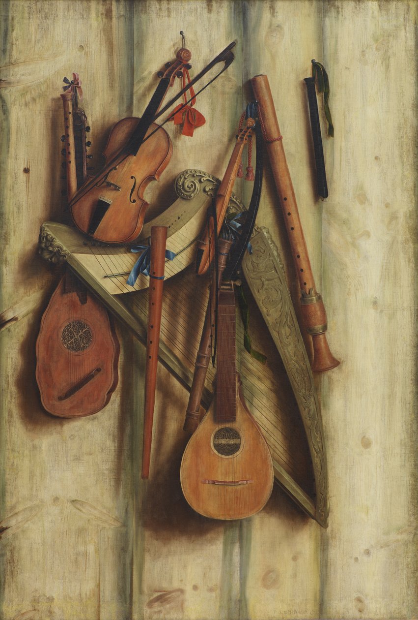 Partition de planche avec instruments de musique. Trompe-l
