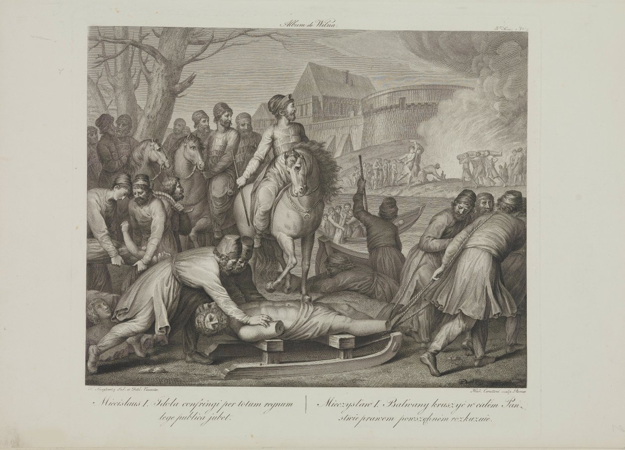 La destruction des dieux païens par Mieszko Ier de Pologne par Smuglewicz, Franciszek (1745-1807). Lithographie, fin du XVIIIe siècle. Collection privée - Franciszek Smuglewicz