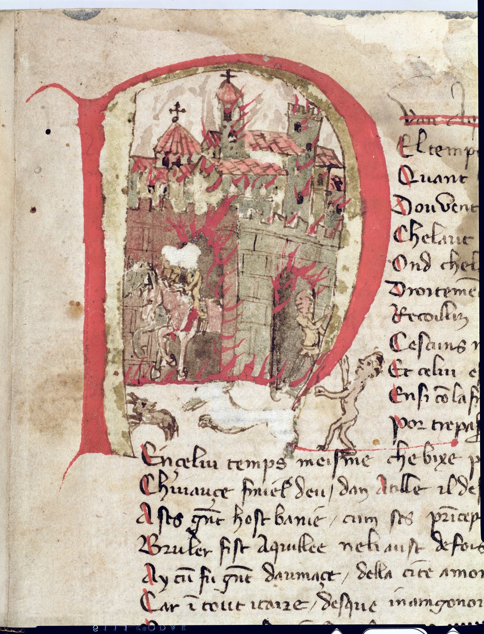 Initiale historiée représentant Attila le Hun (c.406-453) brûlant la ville d