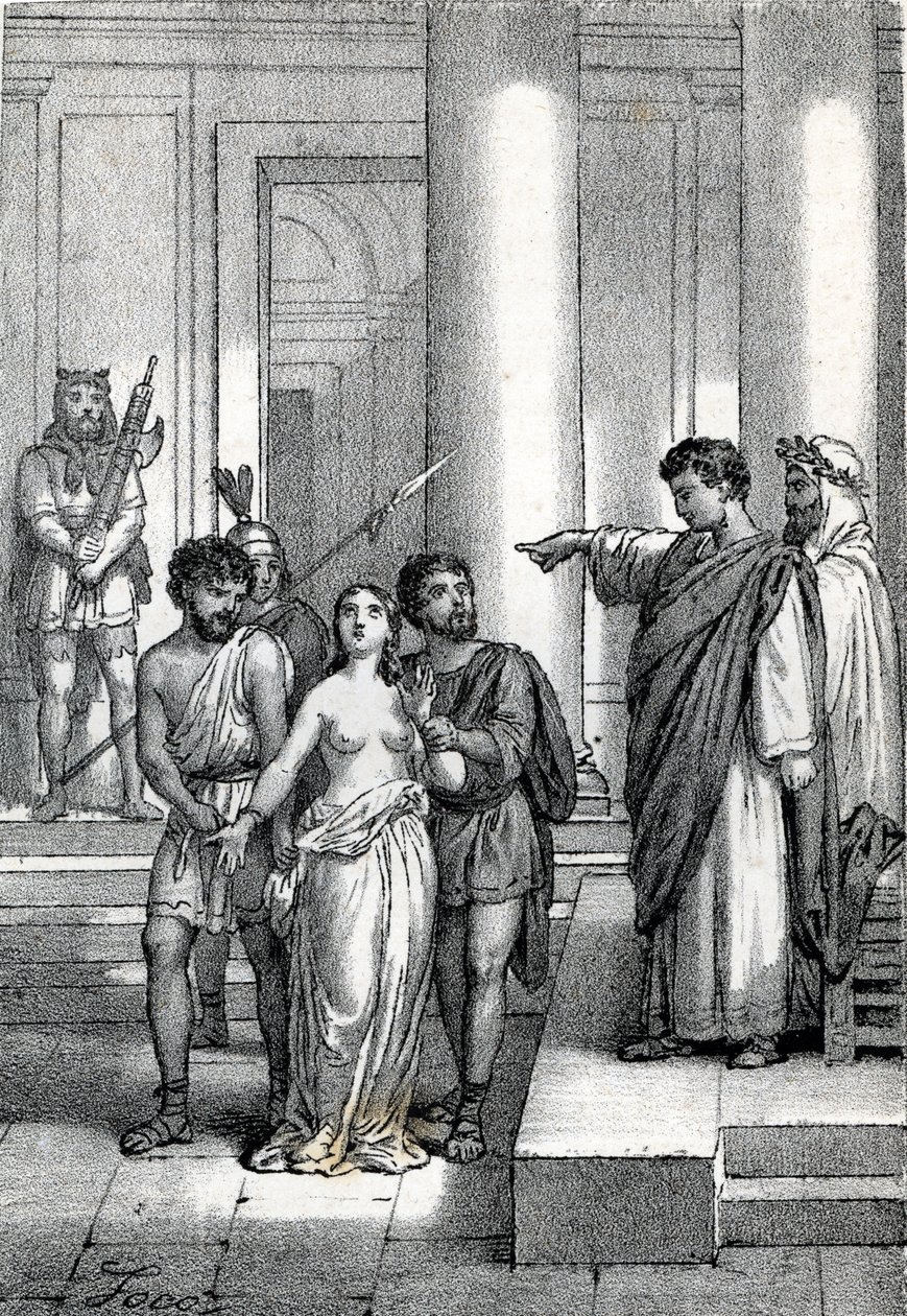 Agnès de Rome amenée nue dans les rues vers un bordel, dessin de « Misteri del Vaticano » par Franco Mistrali - Franco Mistrali