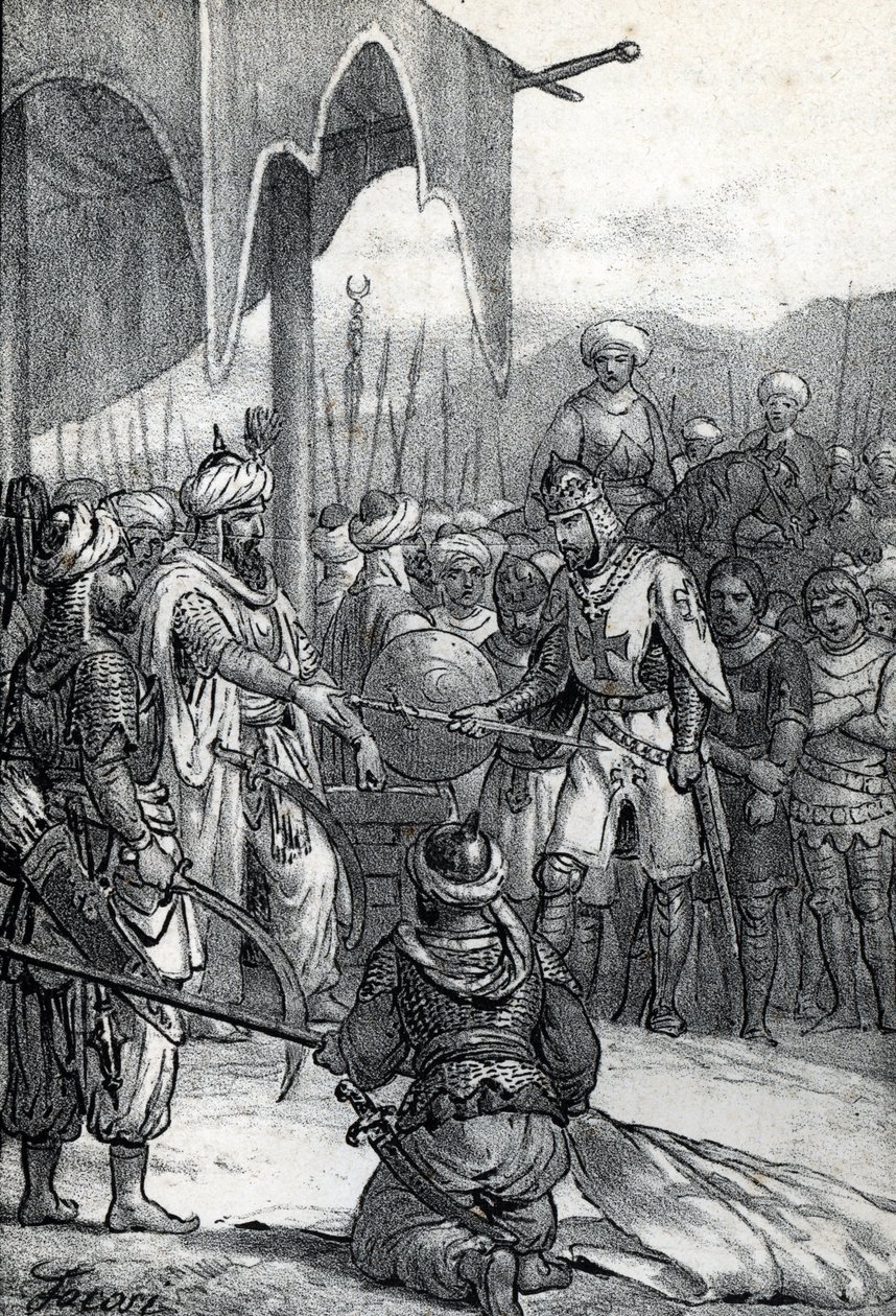 Septième croisade : Le roi Louis IX fait prisonnier à la bataille de Fariskur le 6 avril 1250, dessin de « Misteri del Vaticano » par Franco Mistrali - Franco Mistrali