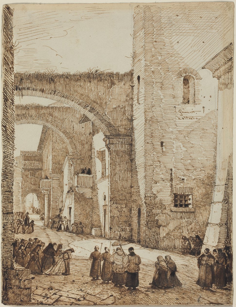 Un prêtre en procession dans une rue médiévale de Viterbe - Francois-Marius Granet