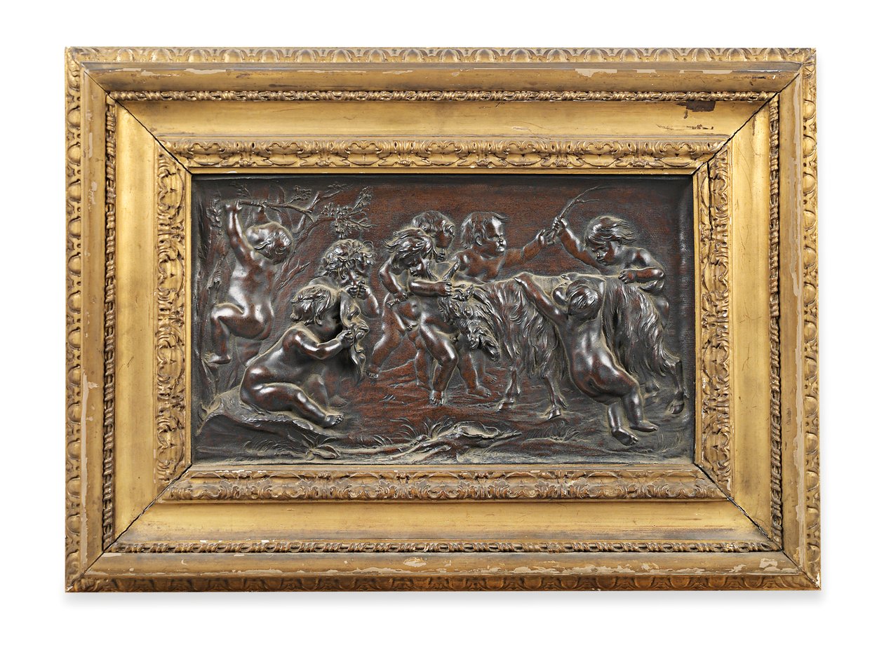Relief rectangulaire en bronze de nourrissons bacchanales jouant avec une chèvre - Francois (after) Duquesnoy