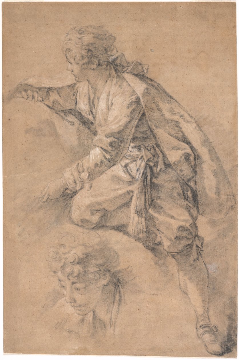 Un jeune homme à demi-agenouillé, les deux bras tendus - François Boucher