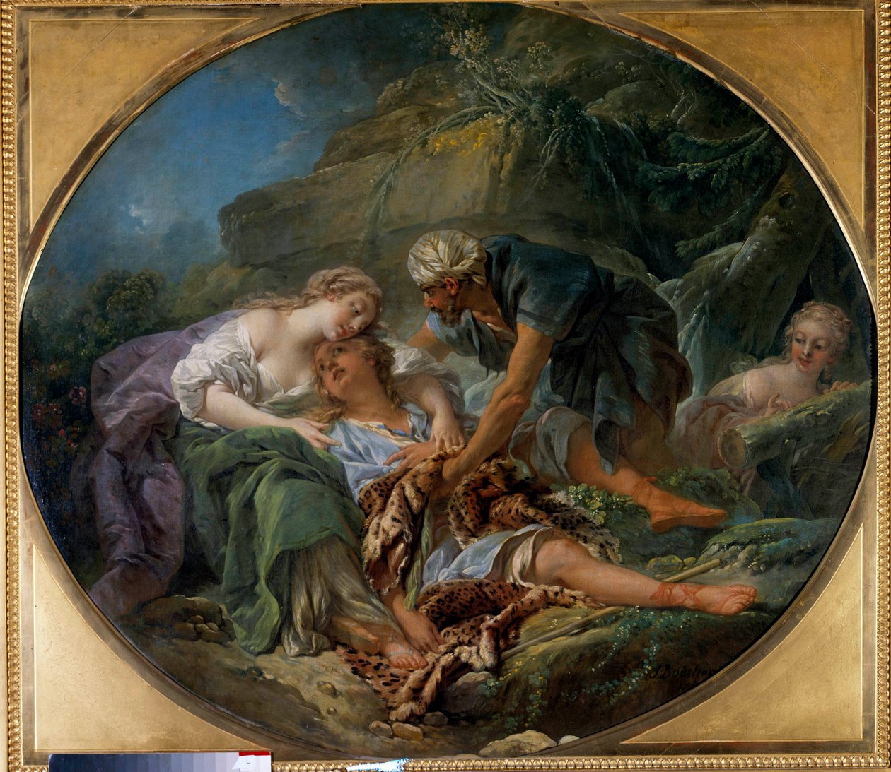 Amintas (ou Amyntas) revient à la vie dans les bras de Sylvie Le petit-fils du dieu Pan revient à lui dans les bras de Sylvie dont il est amoureux. Peinture de François Boucher (1703-1770). 1756. Dim. 1,20 x 1,36 m Tours, Musée des Beaux-Arts - François Boucher