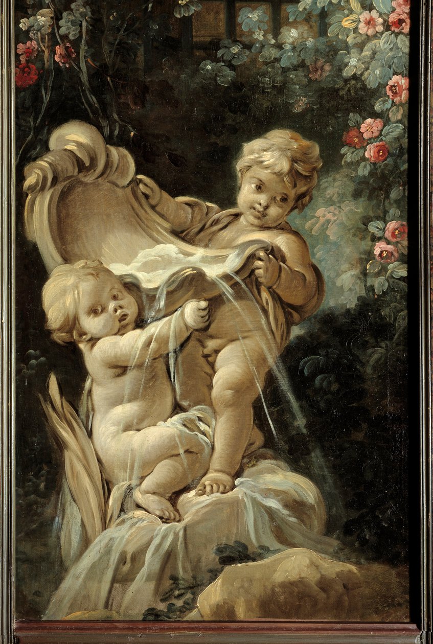 Panneau de porte du salon Demarteau : fontaine avec deux amours - François Boucher
