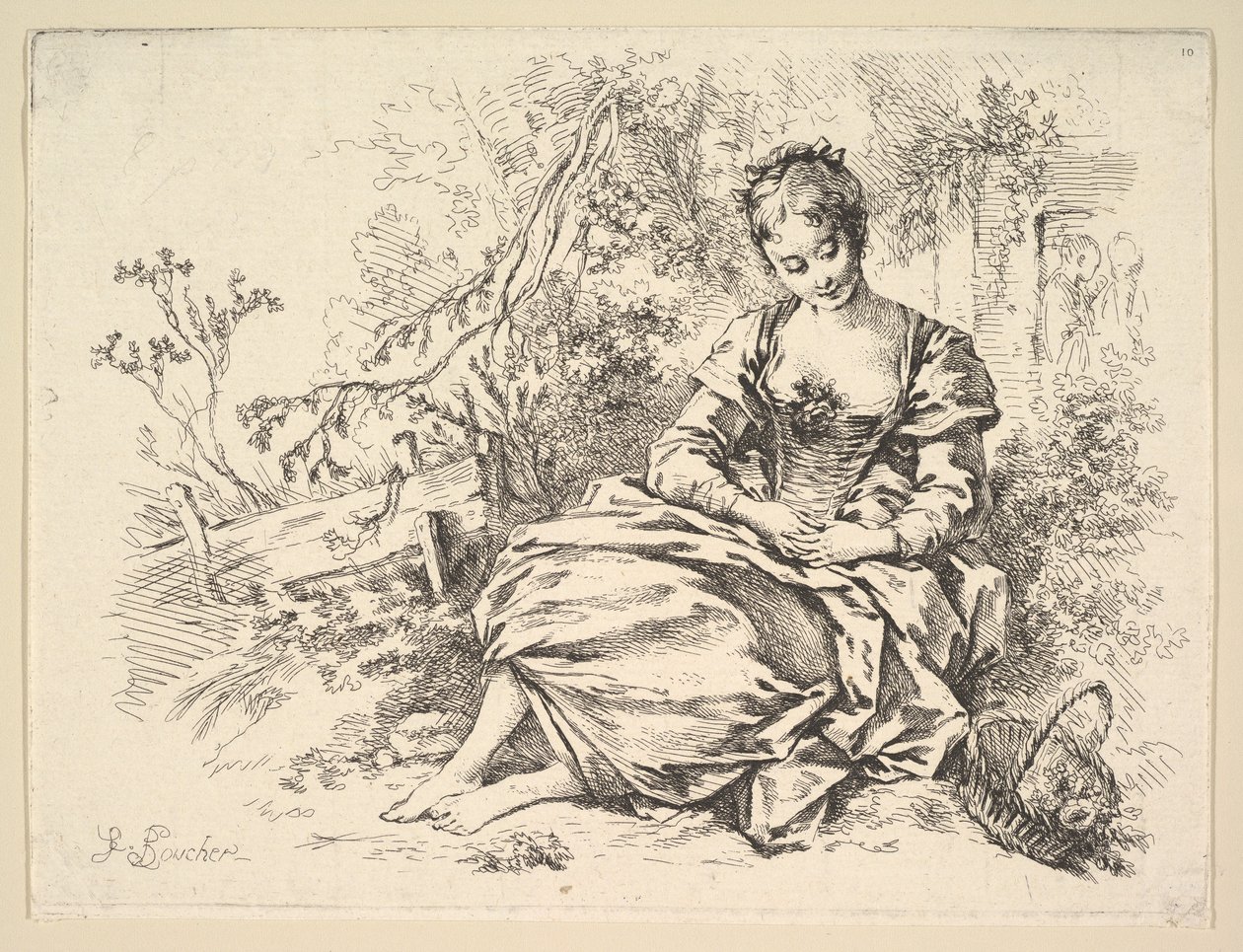 Jeune fille dans un paysage avec un panier de fleurs - François Boucher