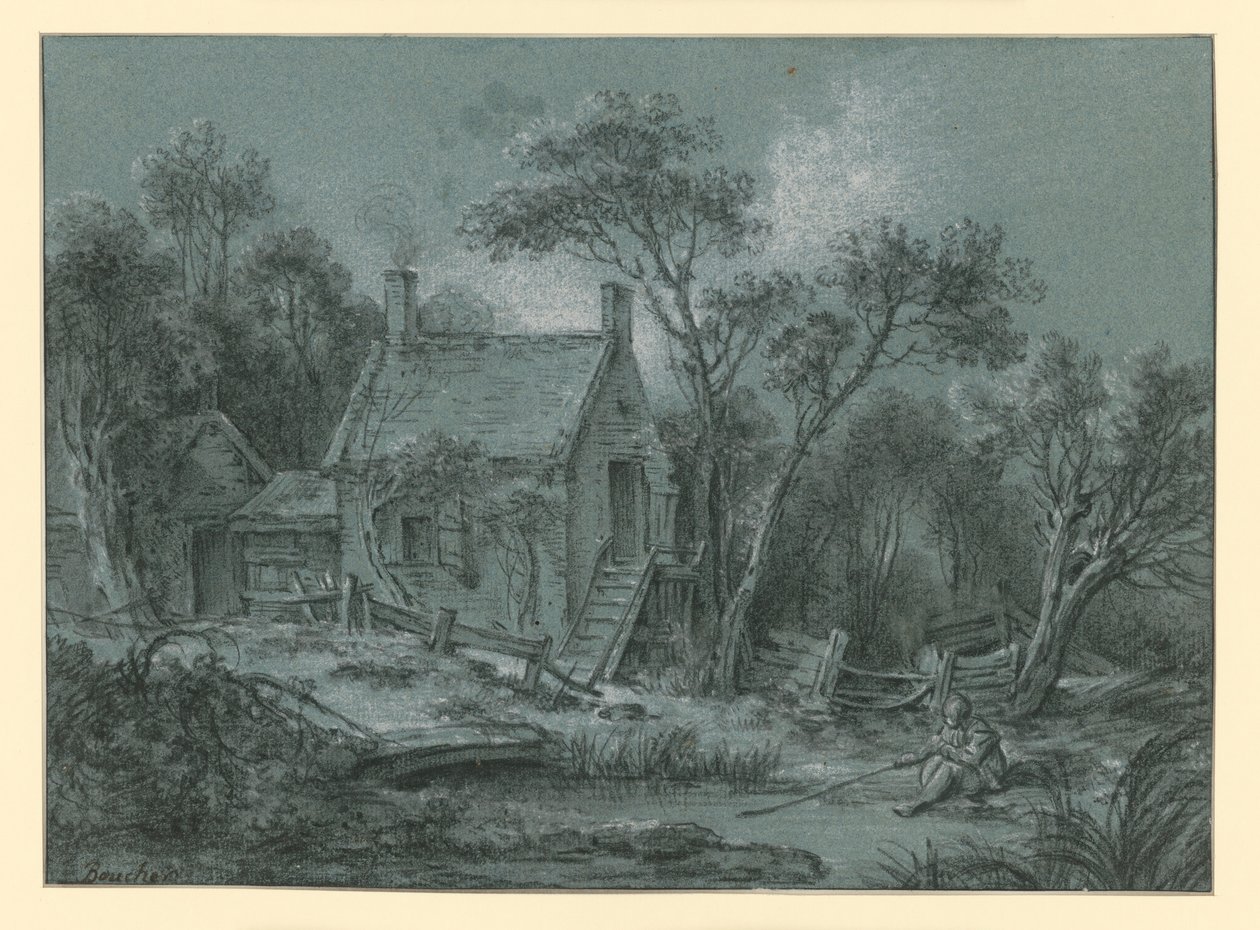 Une maison avec un escalier au milieu des arbres, devant laquelle se trouve un pêcheur - François Boucher