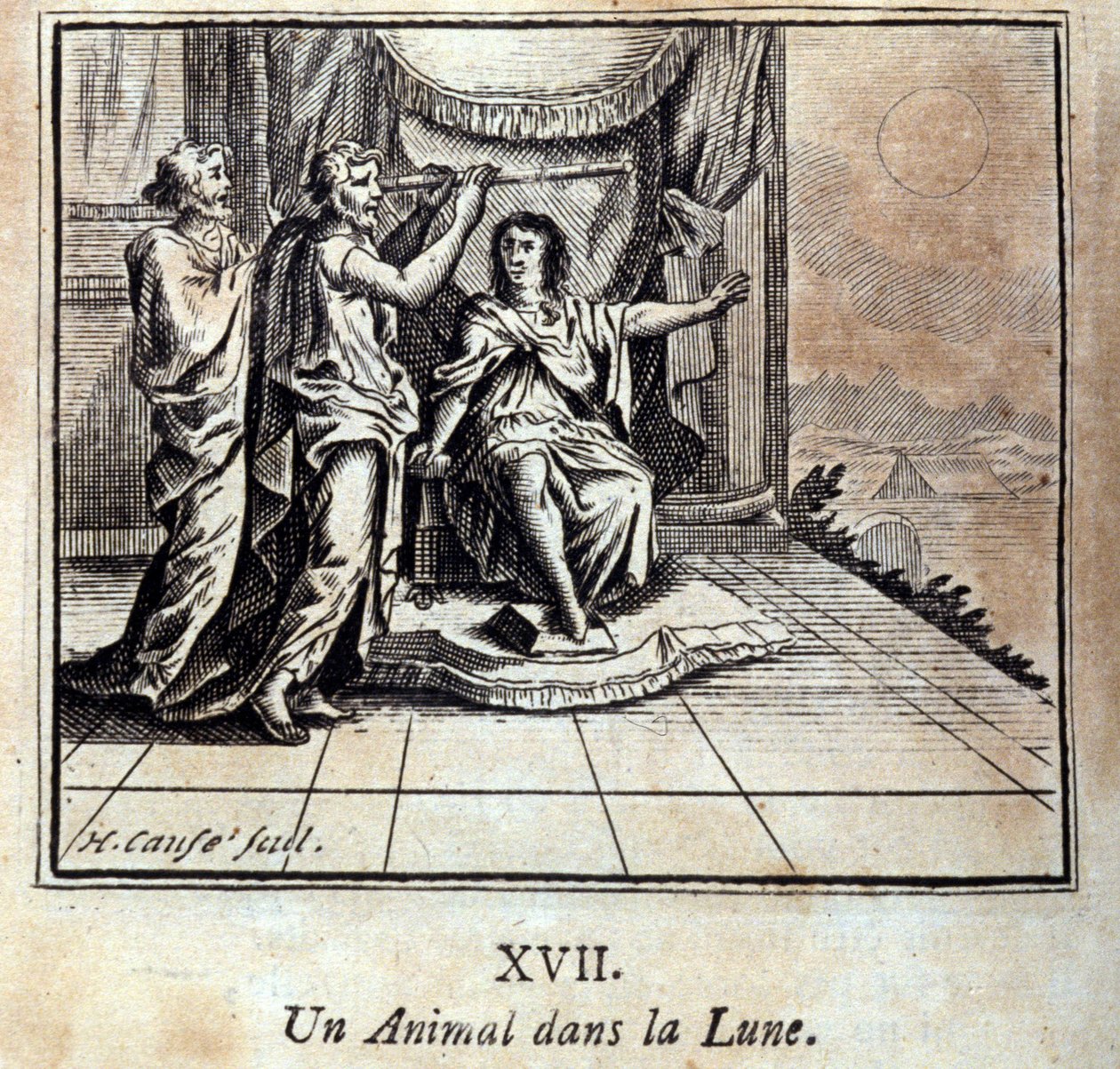 Un animal dans la lune. Fables de Jean de La Fontaine (1621-95). Illustration de François Chauveau (1613-1676). Édition de 1728. - Francois Chauveau