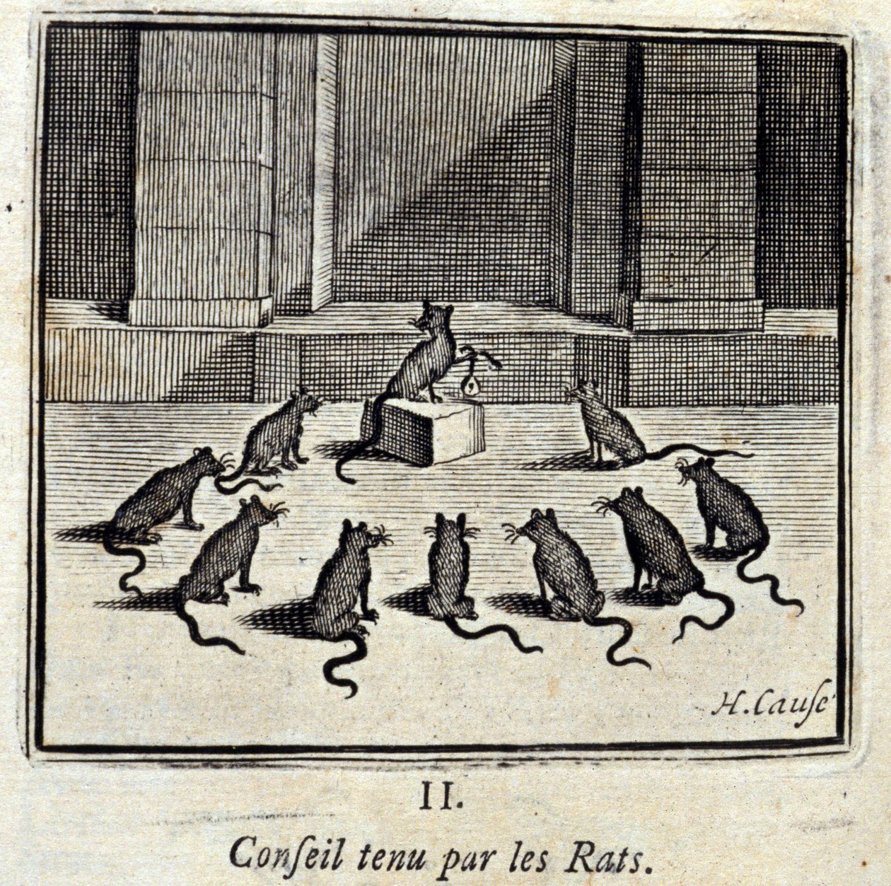 Assemblée tenue par les rats. Fables de Jean de La Fontaine (1621-95). Illustration de François Chauveau (1613-1676). Édition de 1728. - Francois Chauveau