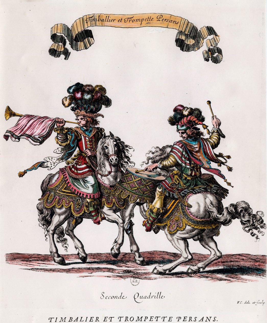 Timbalier et trompette persans lors du carrousel donné par le roi Louis XIV. Gravure de François Chauveau - Francois Chauveau