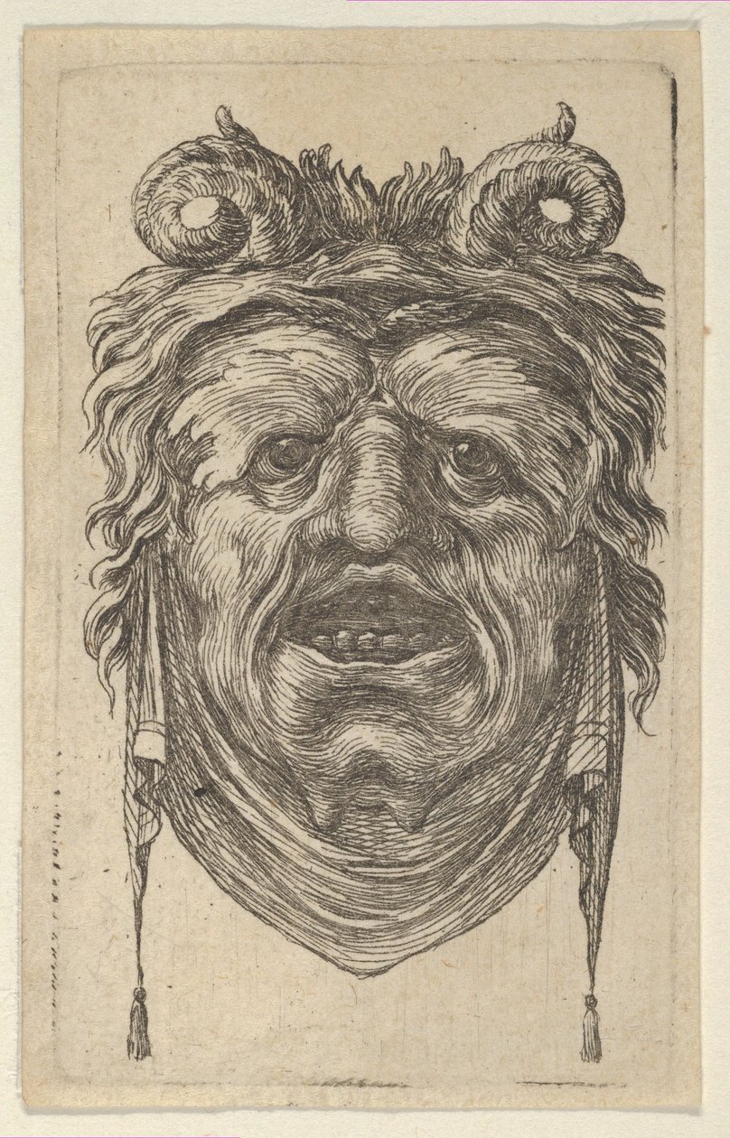 Masque de satyre avec cornes bouclées, sourcils feuillus et un tissu sous le menton, vers 1635-45 - Francois Chauveau