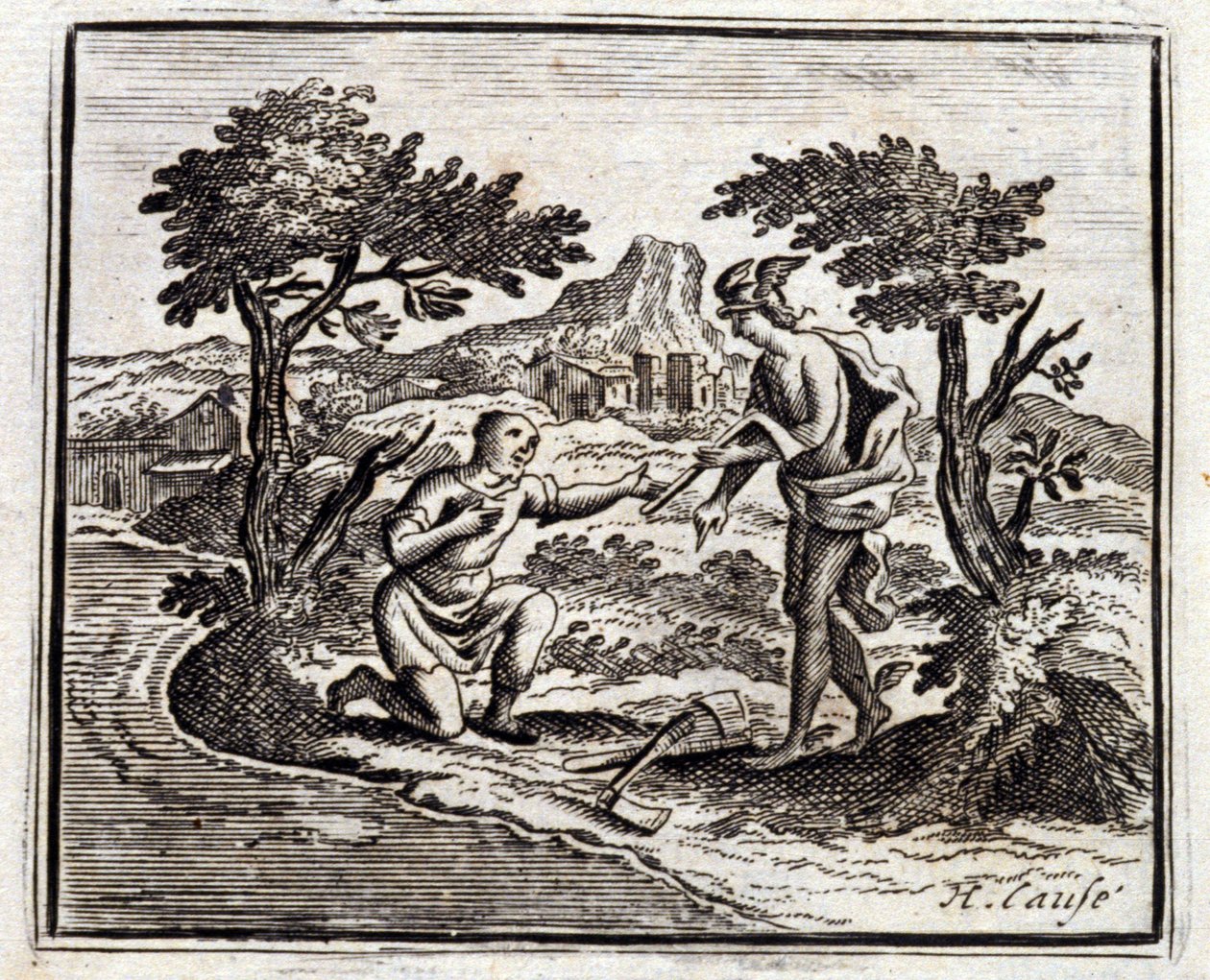 Le bûcheron et Mercure. Fables de Jean de La Fontaine (1621-95). Illustration de François Chauveau (1613-1676). Édition de 1728. - Francois Chauveau