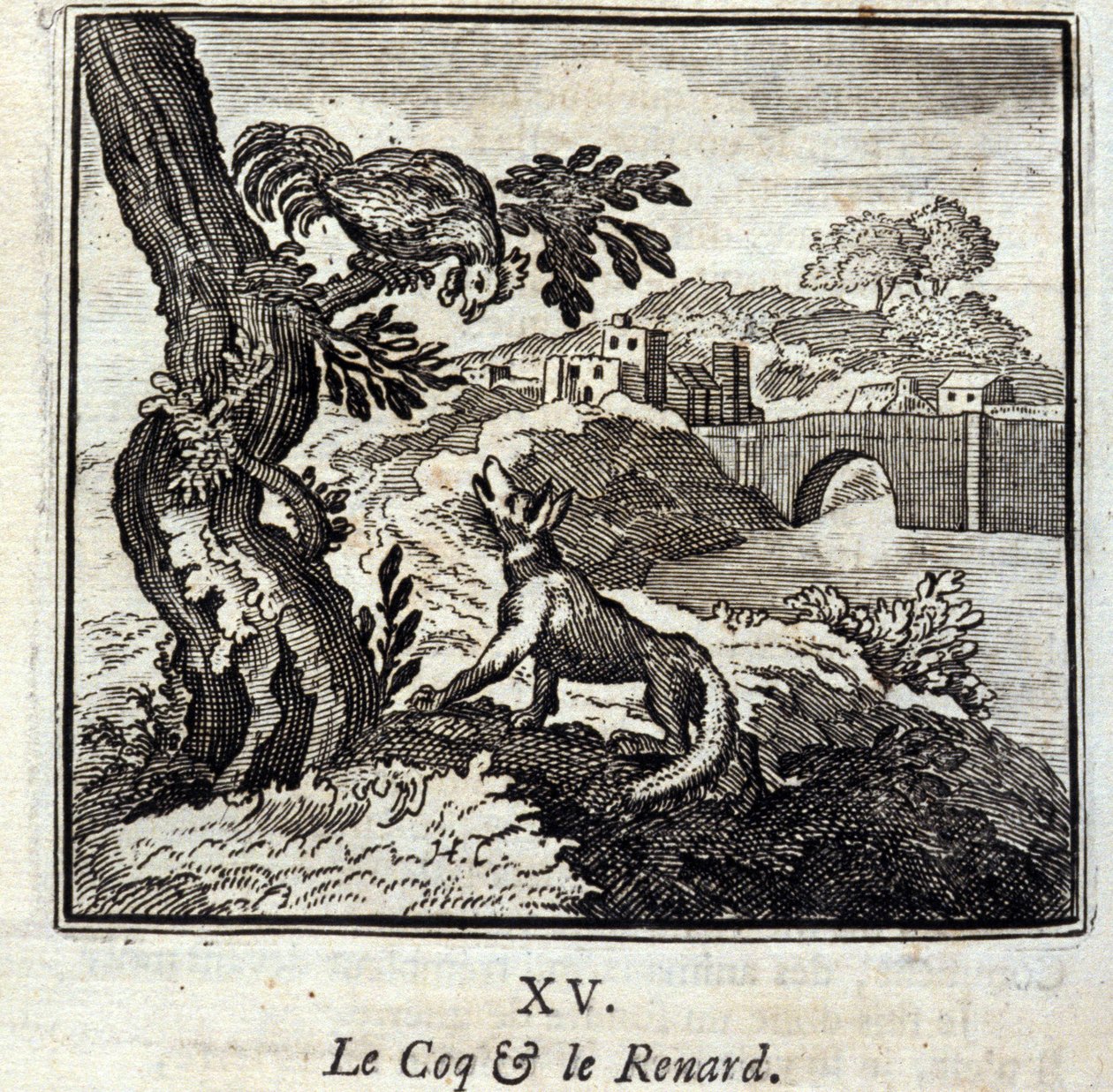 Le coq et le renard. Fables de Jean de La Fontaine (1621-95). Illustration de François Chauveau (1613-1676). Édition de 1728. - Francois Chauveau