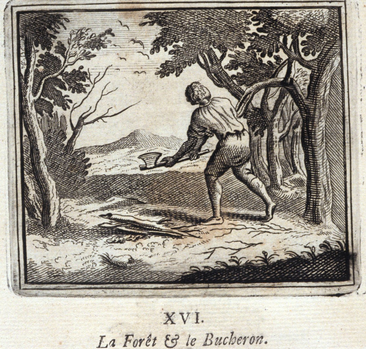 La forêt et le bûcheron. Fables de Jean de La Fontaine (1621-95). Illustration de François Chauveau (1613-1676). Édition de 1728. - Francois Chauveau