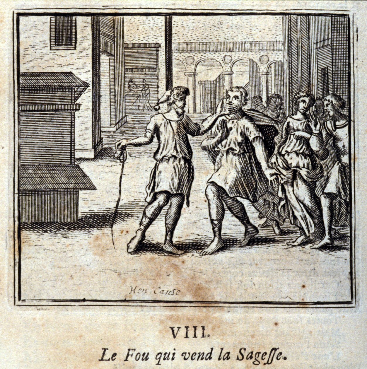Le fou qui vend la sagesse. Fables de Jean de La Fontaine (1621-95). Illustration de François Chauveau (1613-1676). Édition de 1728. - Francois Chauveau
