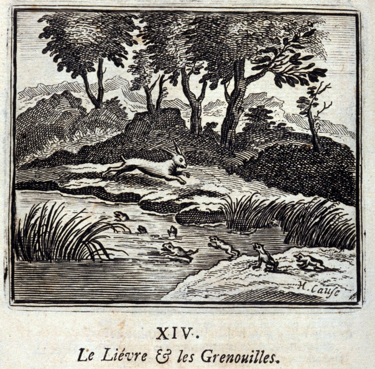 Le lièvre et les grenouilles. Fables de Jean de La Fontaine (1621-95). Illustration par François Chauveau (1613-1676). Édition de 1728. - Francois Chauveau