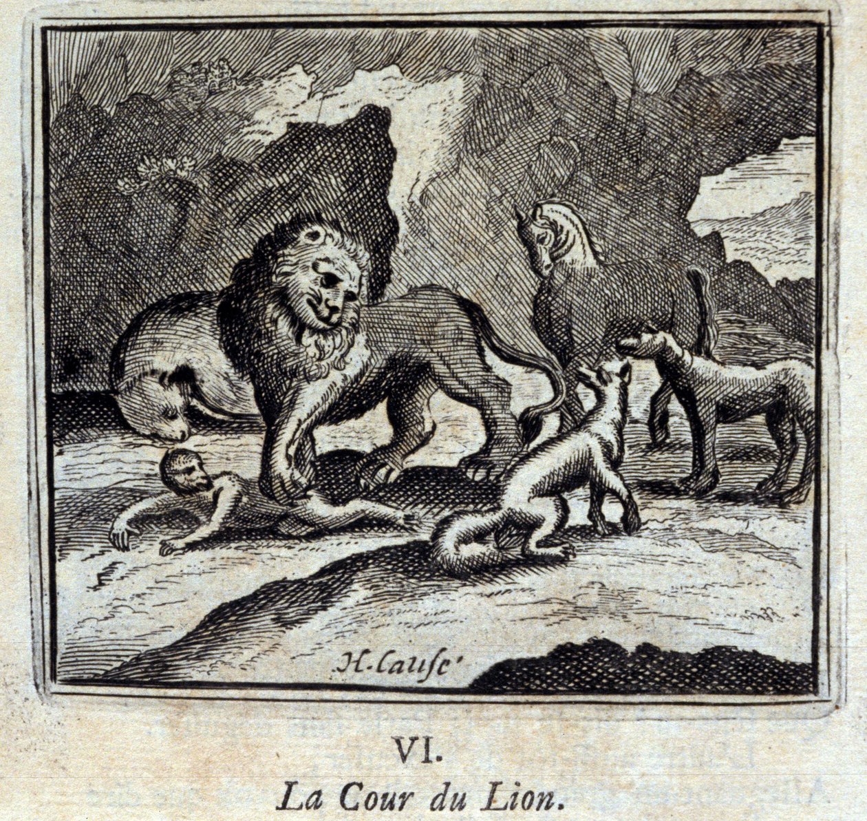 La Cour du Lion. Fables de Jean de La Fontaine. Illustration de François Chauveau. Édition de 1728 - Francois Chauveau