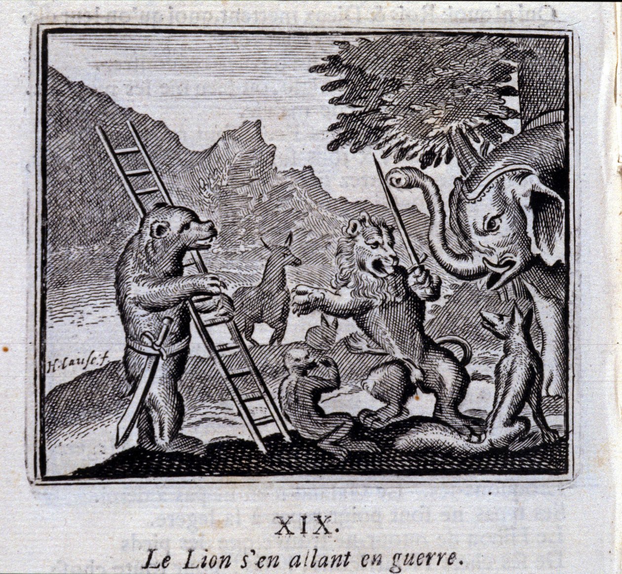 Le lion partant en guerre. Fables de Jean de La Fontaine (1621-95). Illustration par François Chauveau (1613-1676). Édition de 1728. - Francois Chauveau