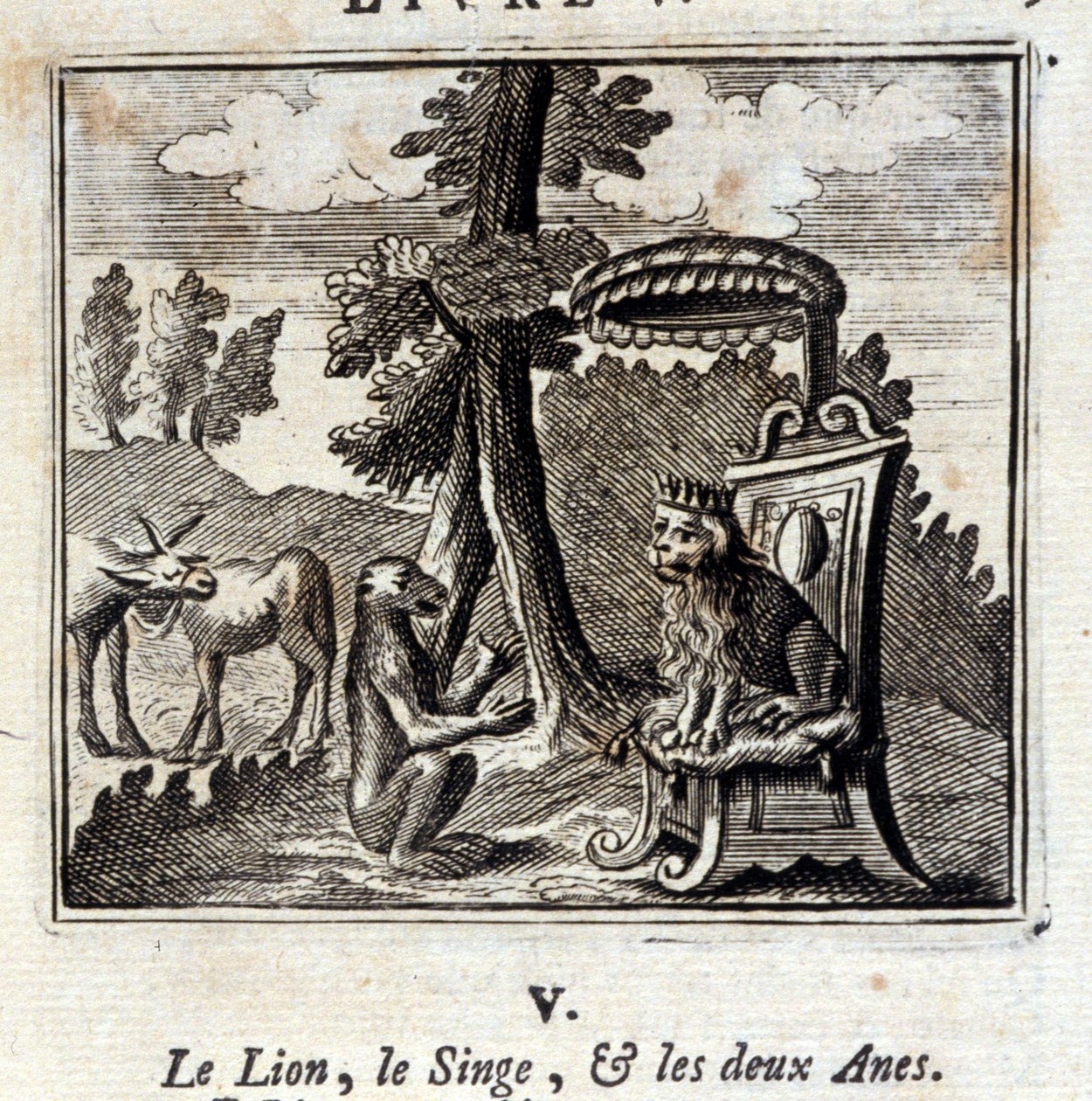 Le lion, le singe et les deux ânes. Fables de Jean de La Fontaine (1621-95). Illustration par François Chauveau (1613-1676). Édition de 1728. - Francois Chauveau