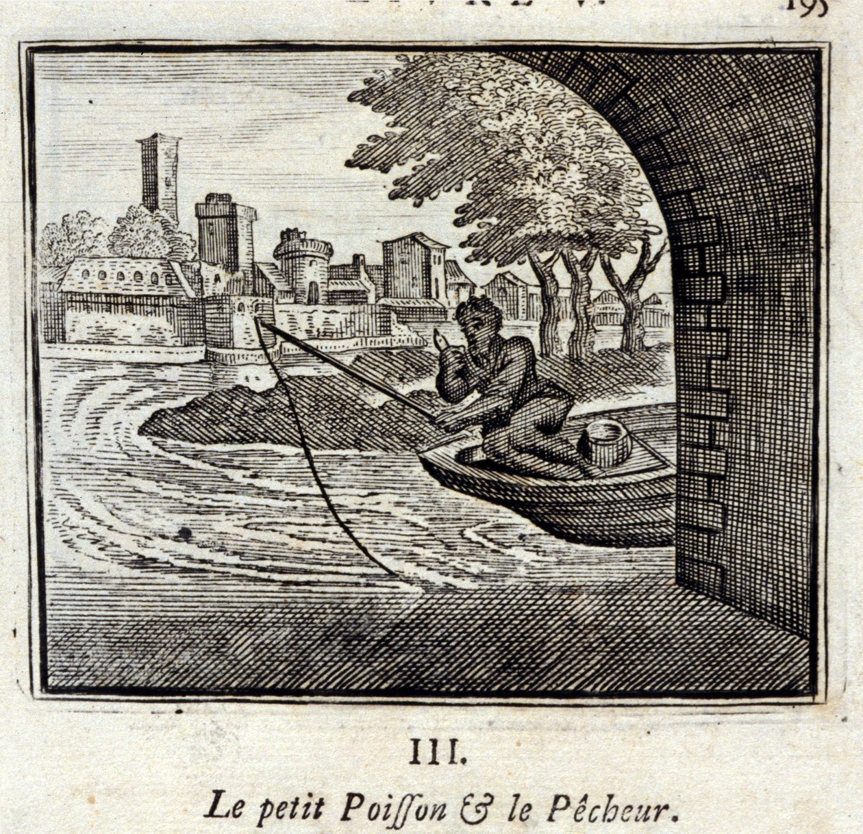Le Petit Poisson et le Pêcheur. Fables de Jean de La Fontaine (1621-95). Illustration de François Chauveau (1613-1676). Édition de 1728. - Francois Chauveau