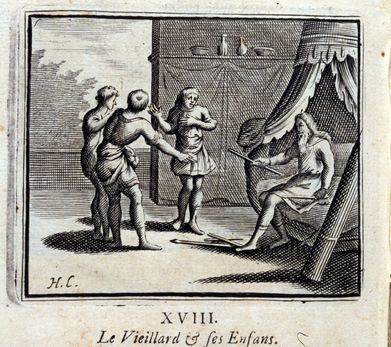 Le vieil homme et ses enfants. Fables de Jean de La Fontaine (1621-95). Illustration de François Chauveau (1613-1676). Édition de 1728. - Francois Chauveau