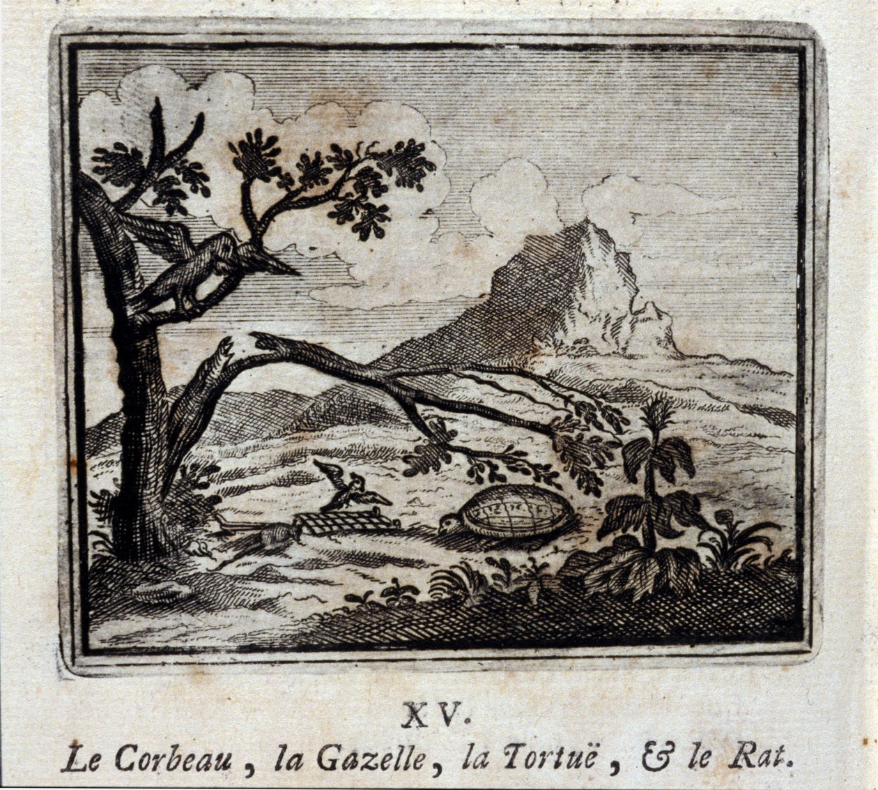 Le Corbeau, la Gazelle, la Tortue et le Rat. Fables de Jean de La Fontaine (1621-95). Illustration de François Chauveau (1613-1676). Édition de 1728. - Francois Chauveau