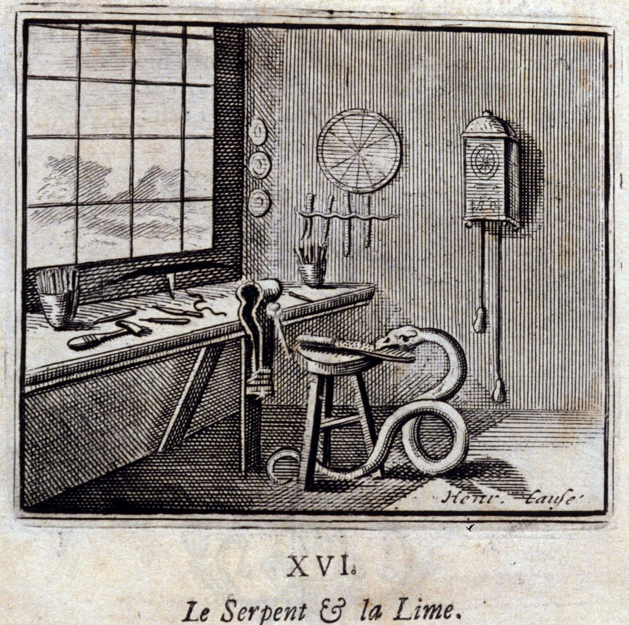 Le serpent et le tilleul. Fables de Jean de La Fontaine (1621-95). Illustration par François Chauveau (1613-1676). Édition de 1728. - Francois Chauveau