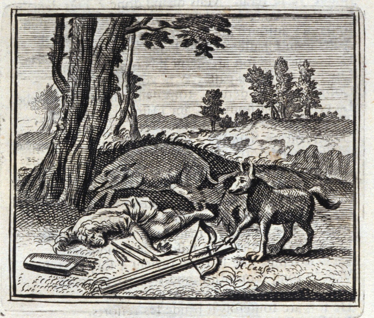 Le loup et le chasseur. Fables de Jean de La Fontaine (1621-95). Illustration de François Chauveau (1613-1676). Édition de 1728. - Francois Chauveau