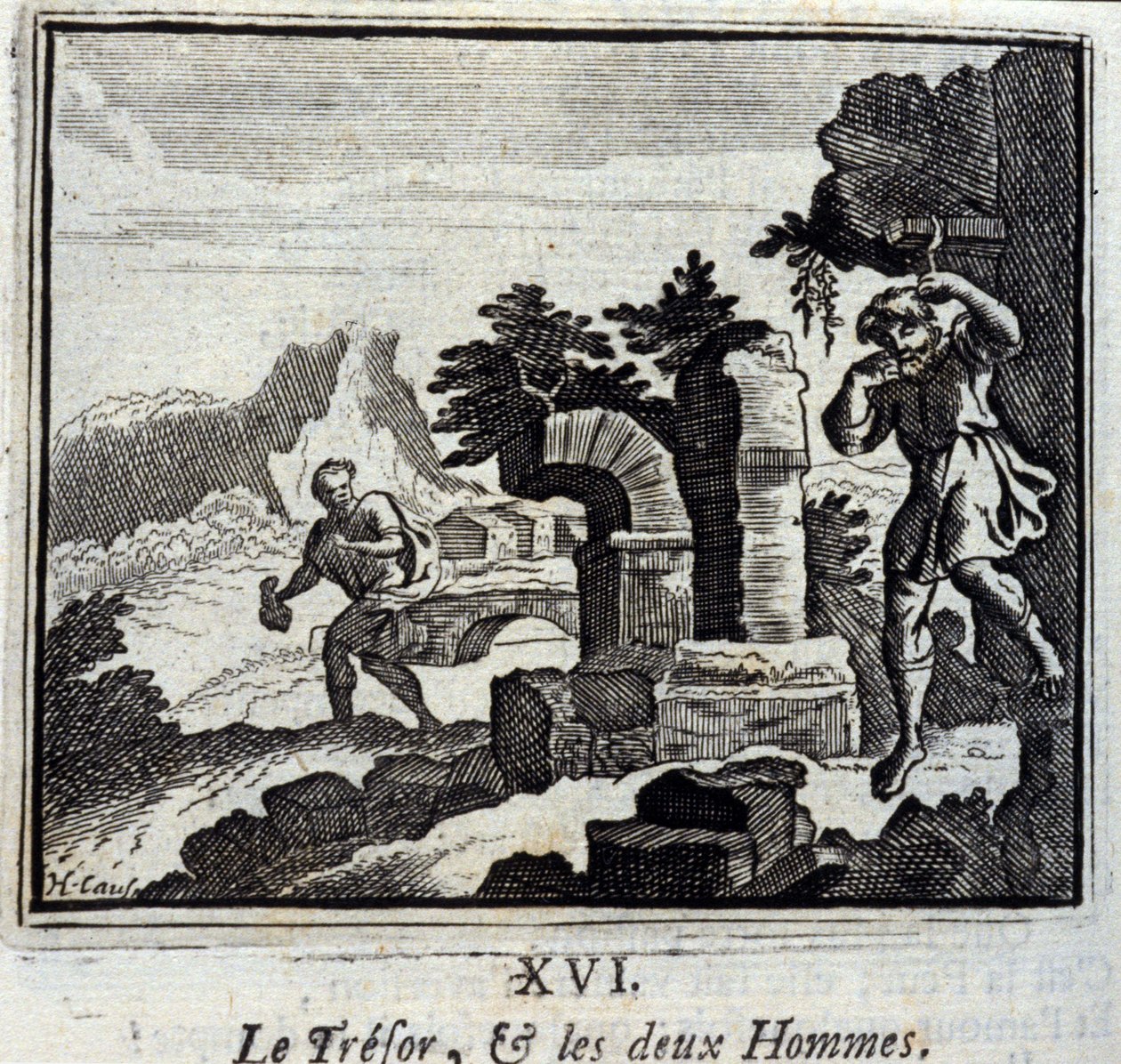 Le trésor et les deux hommes. Fables de Jean de La Fontaine (1621-95). Illustration par François Chauveau (1613-1676). Édition de 1728. - Francois Chauveau