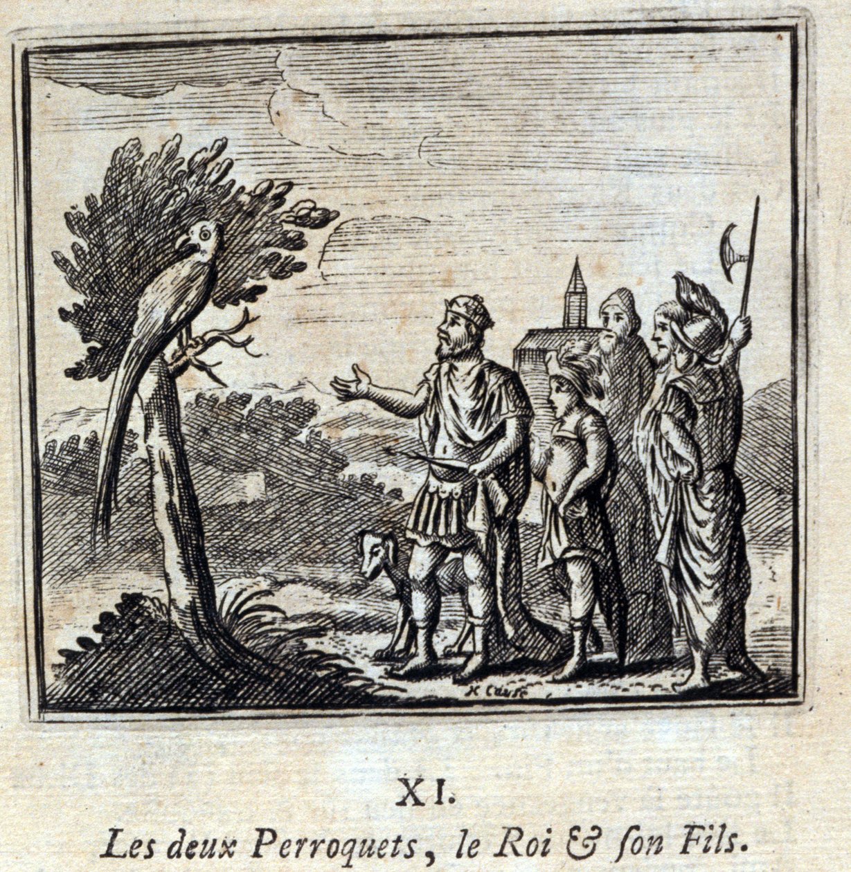 Les deux perroquets, le roi et son fils. Fables de Jean de La Fontaine (1621-95). Illustration de François Chauveau (1613-1676). Édition de 1728. - Francois Chauveau