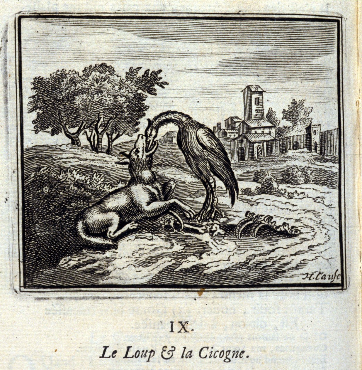 Le loup et la cigogne. Fables de Jean de La Fontaine (1621-95). Illustration de François Chauveau (1613-1676). Édition de 1728. - Francois Chauveau