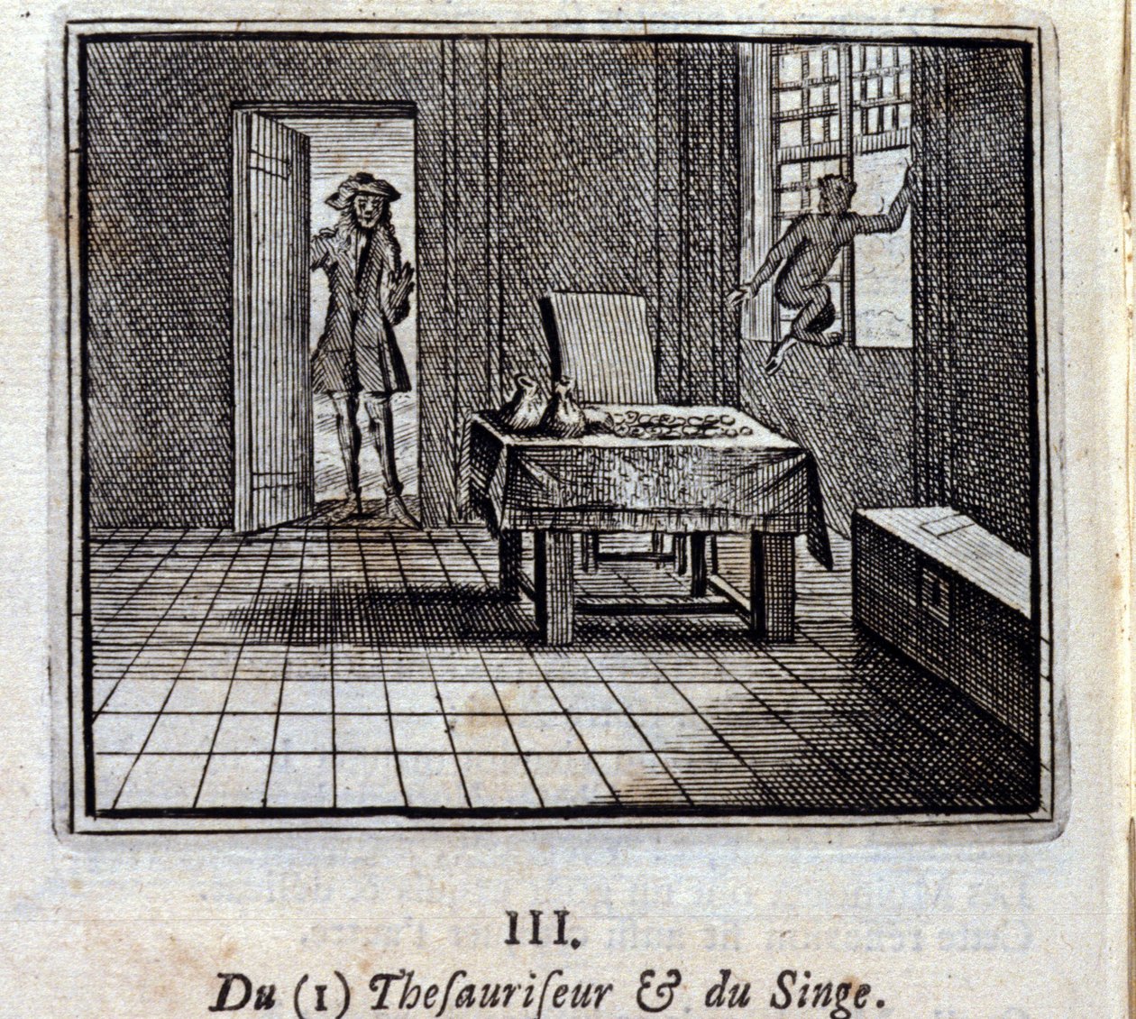 Le thésauriseur et le singe. Fables de Jean de La Fontaine (1621-95). Illustration de François Chauveau (1613-1676). Édition de 1728. - Francois Chauveau