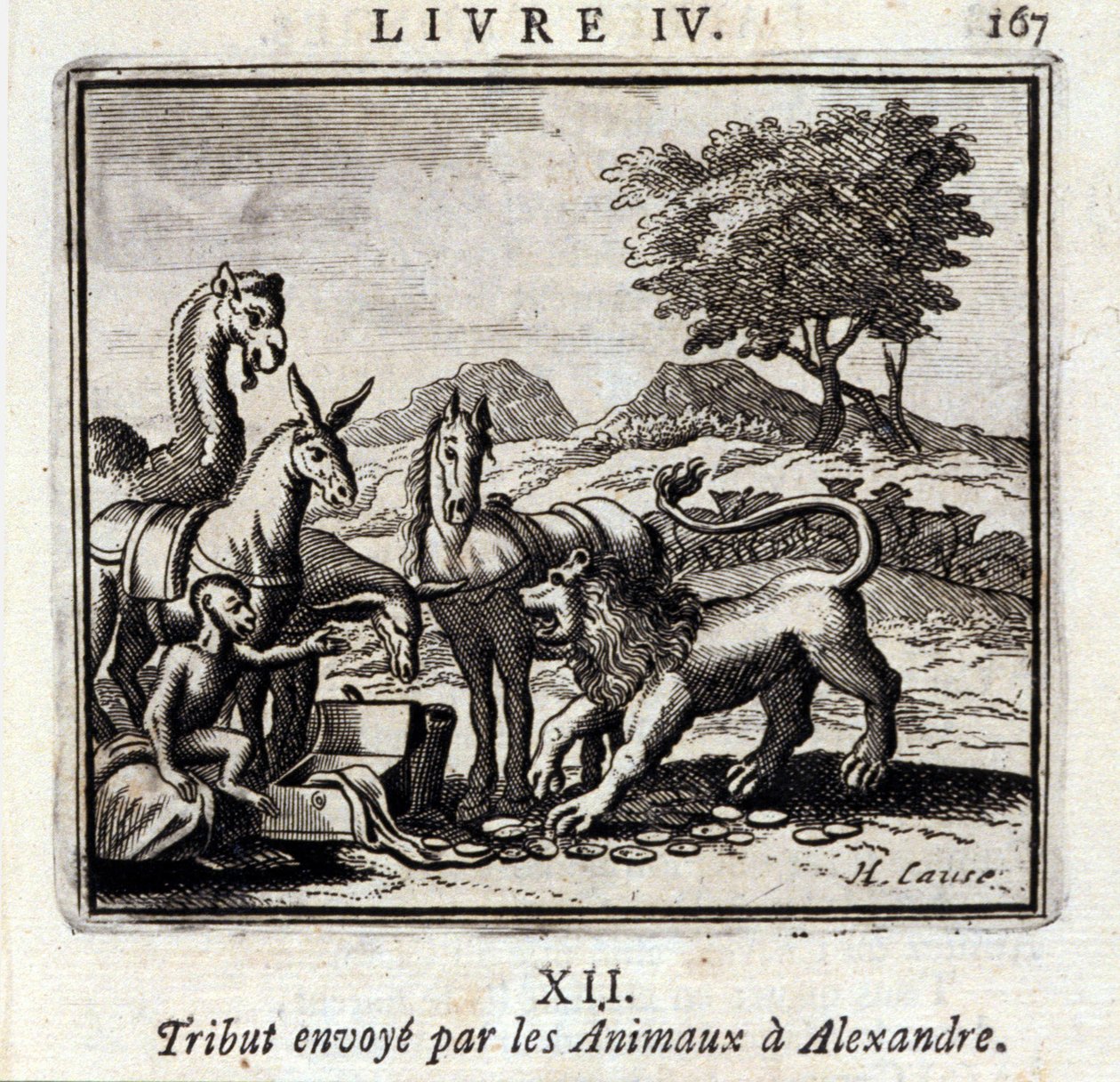 Tribut envoyé par les animaux à Alexandre. Fables de Jean de La Fontaine (1621-95). Illustration de François Chauveau (1613-1676). Édition de 1728. - Francois Chauveau