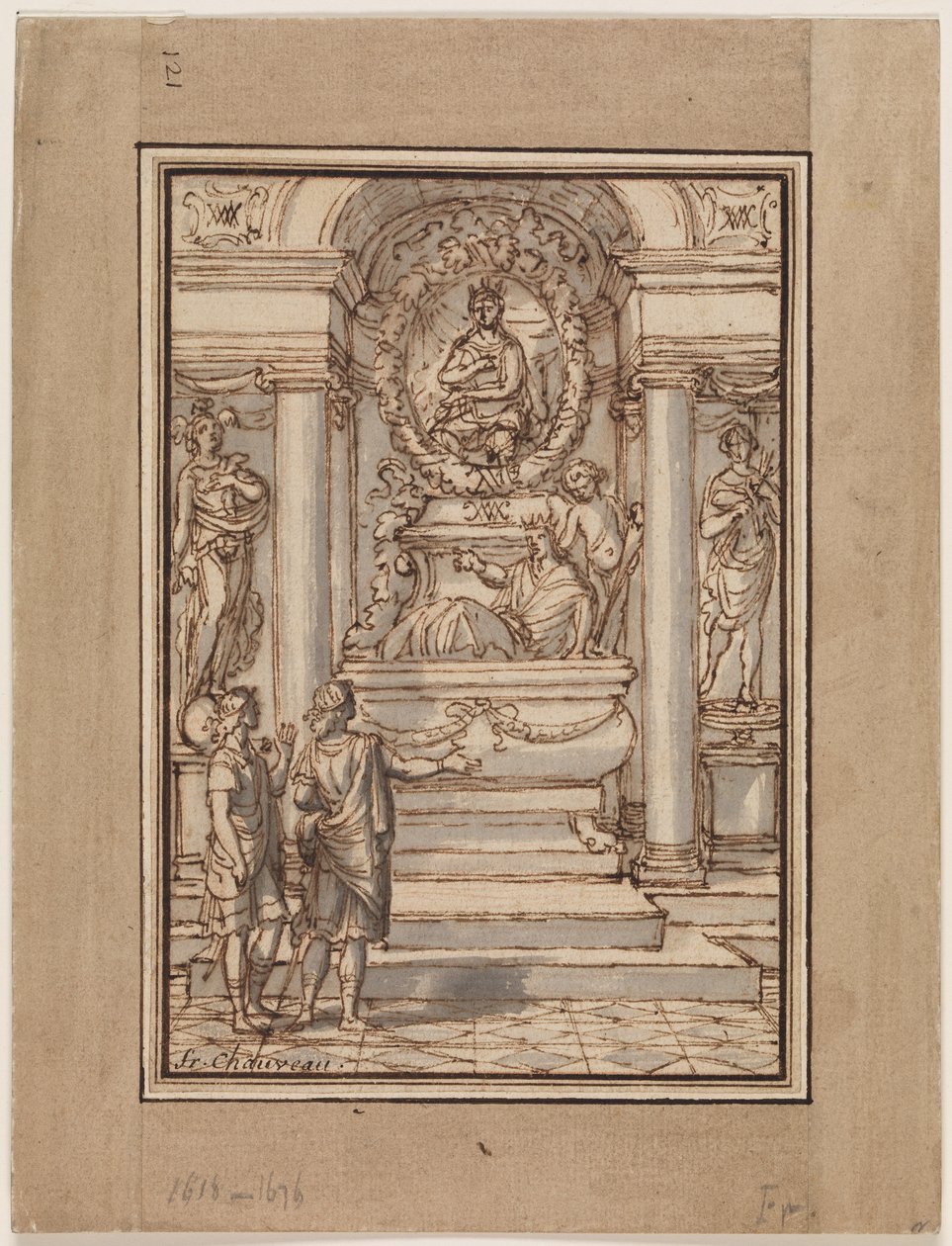 Deux hommes en draperie antique devant une tombe - Francois Chauveau