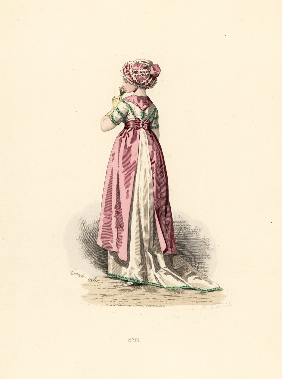 Femme en robe blanche et corsage avec garniture verte, tablier rose - Francois Claudius (after) Compte Calix