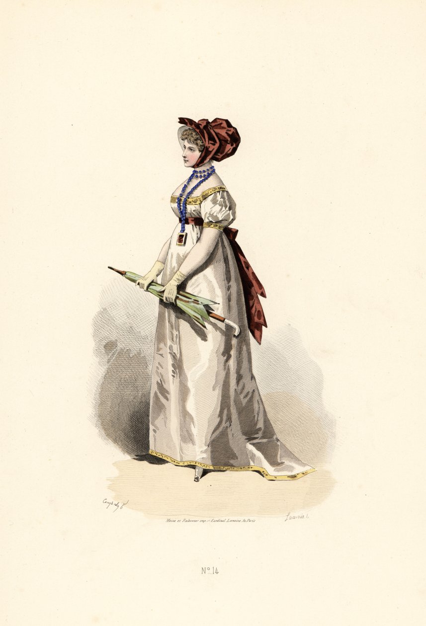 Femme en robe blanche avec garniture couleur paille et ceinture grenat - Francois Claudius (after) Compte Calix