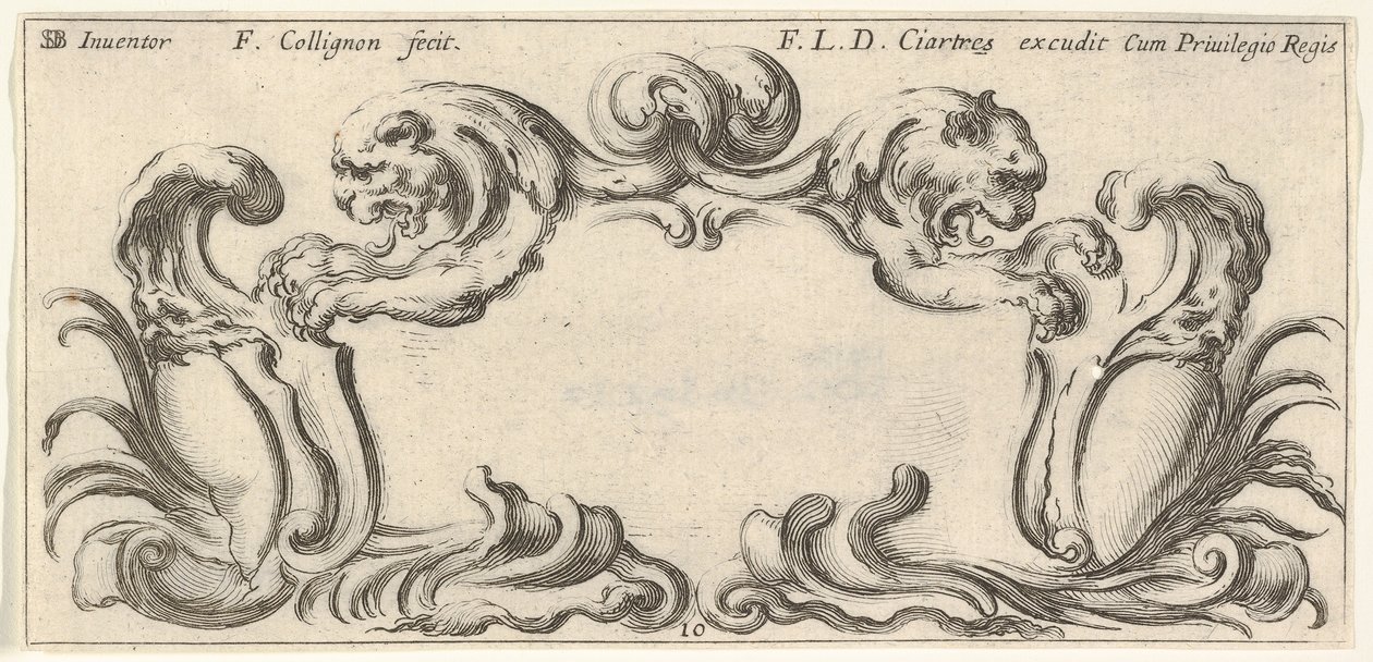 Planche 10 : un cartouche avec les têtes de deux lions de profil à gauche et à droite, vers 1640-45 - Francois Collignon
