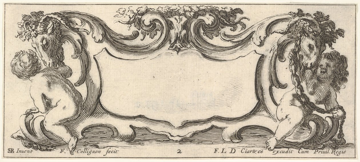 Cartouche avec un enfant vu de dos à gauche et un enfant vu de..., vers 1640-45 - Francois Collignon