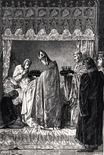 Charles V (1338-80) sur son lit de mort, recevant la couronne d