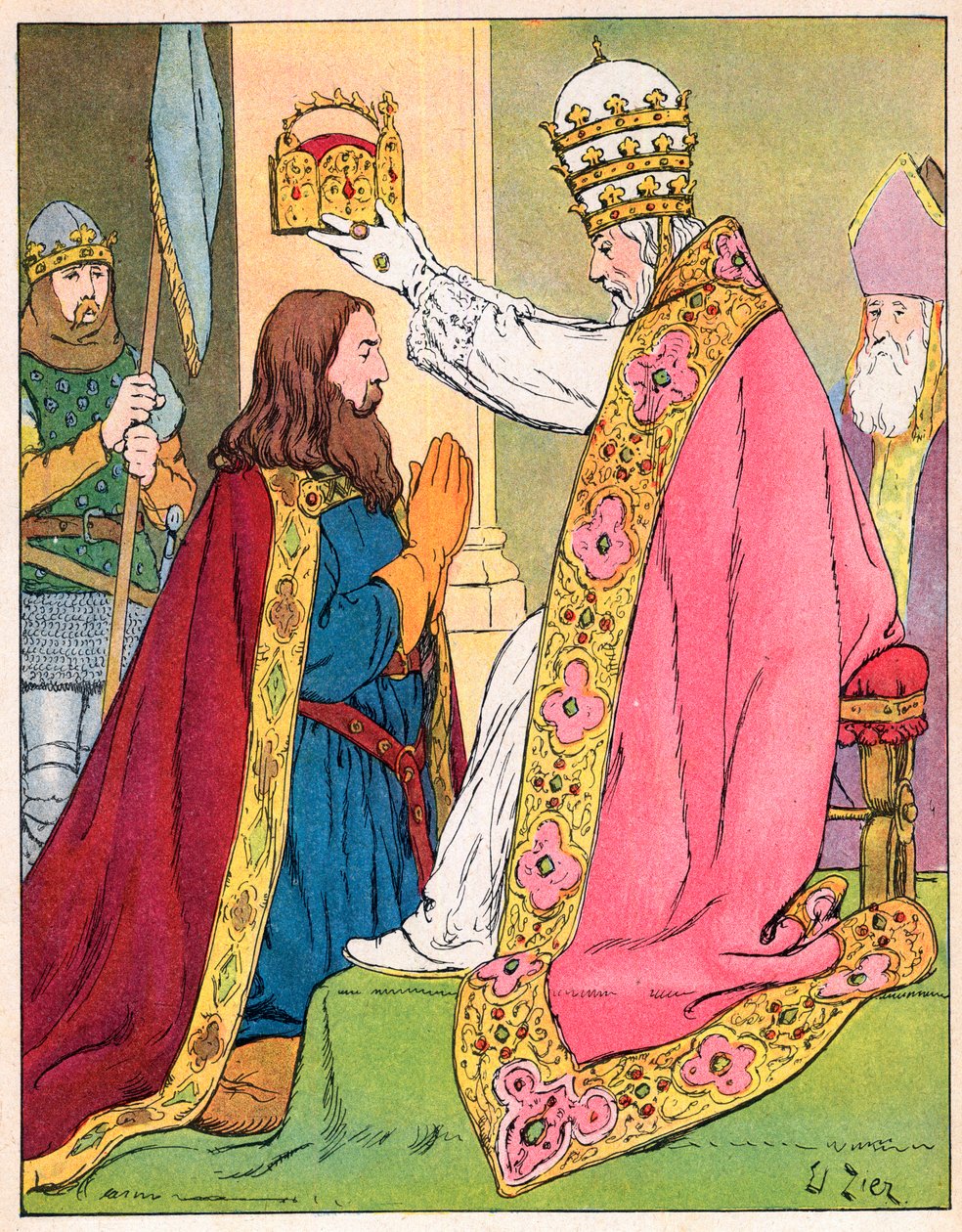 Charlemagne (742-814) couronné par le pape Léon III (c750-816) à la basilique Saint-Pierre de Rome le 25 décembre 800 - Sacre (Couronnement) de Charlemagne (742-814) en 800 par le pape Léon III - Illustration de François Zier (1856-1924) tirée de "Nos-Glor - Francois Edouard Zier