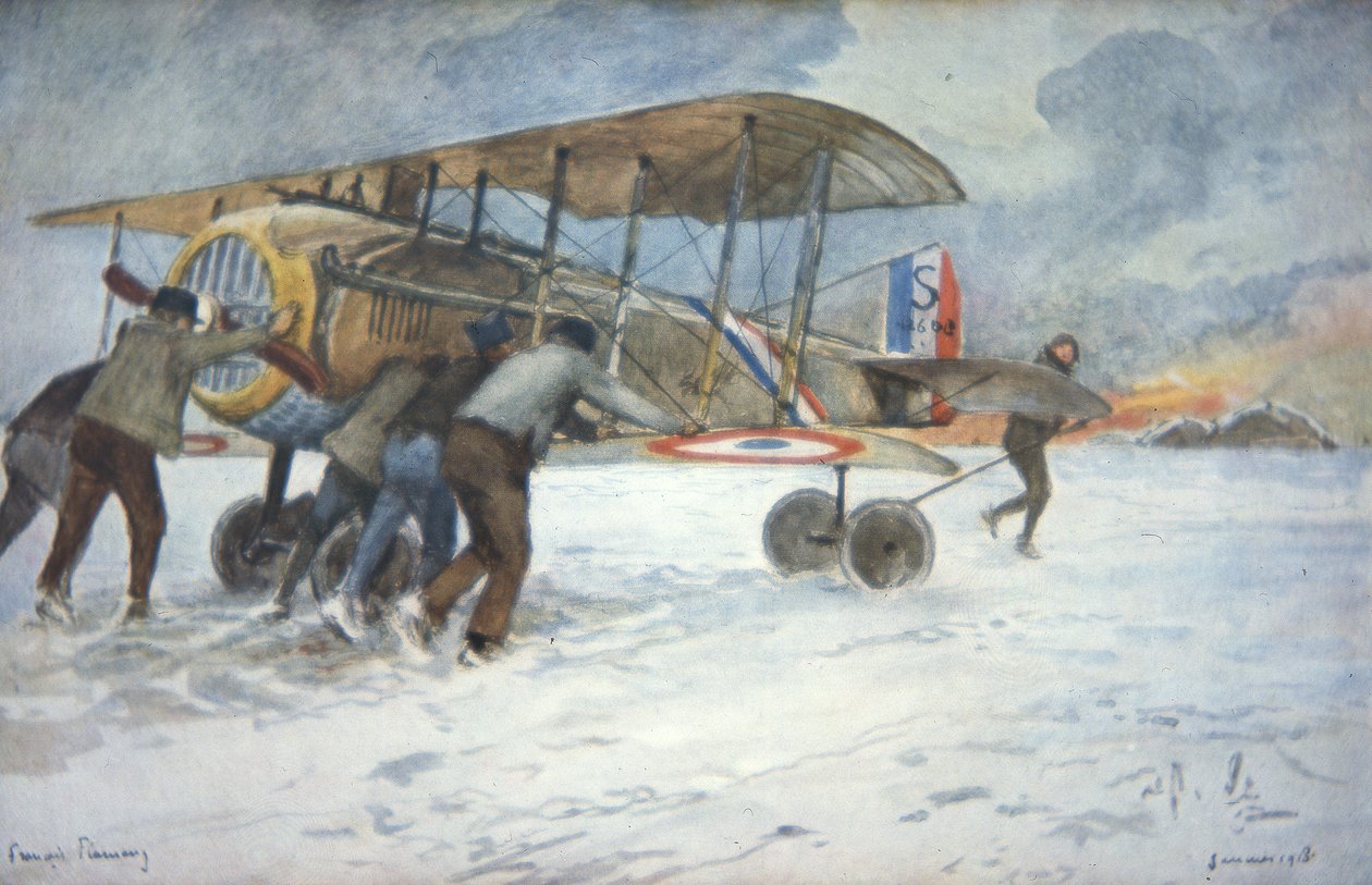 Équipage au sol et pilote manœuvrant un chasseur Spad français dans la neige vers un hangar, janvier 1918 - Francois Flameng