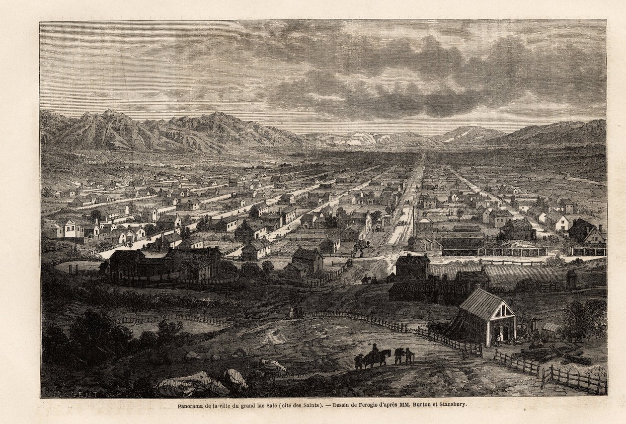 Panorama de la ville du grand lac sale, citant les Saints (Utah), dessin par Ferogio, pour illustrer le voyage de Richard Burton dans la ville des Saints, capitale du pays des Mormons, en 1860. Gravure dans « Le Tour du monde », édité par Édouard Charton - Francois Fortune Antoine (after) Ferogio